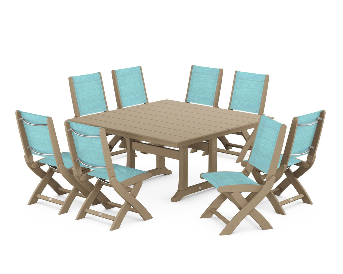 POLYWOOD Coastal Folding Side Chair 9-Piece Farmhouse Dining Set in Vintage Sahara / Dupioni Aquamarine