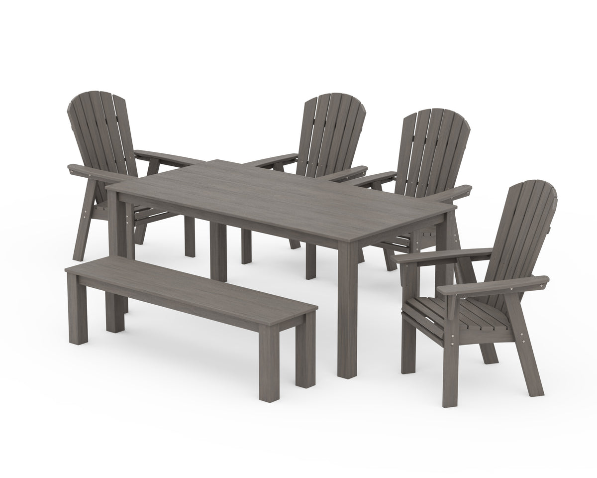 POLYWOOD Nautical Curveback Adirondack 6-Piece Parsons Dining Set with Bench in Driftwood