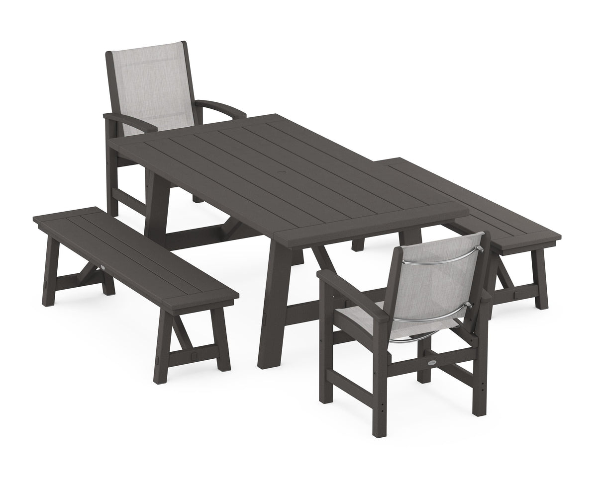 POLYWOOD Coastal 5-Piece Rustic Farmhouse Dining Set With Benches in Vintage Coffee / Parchment