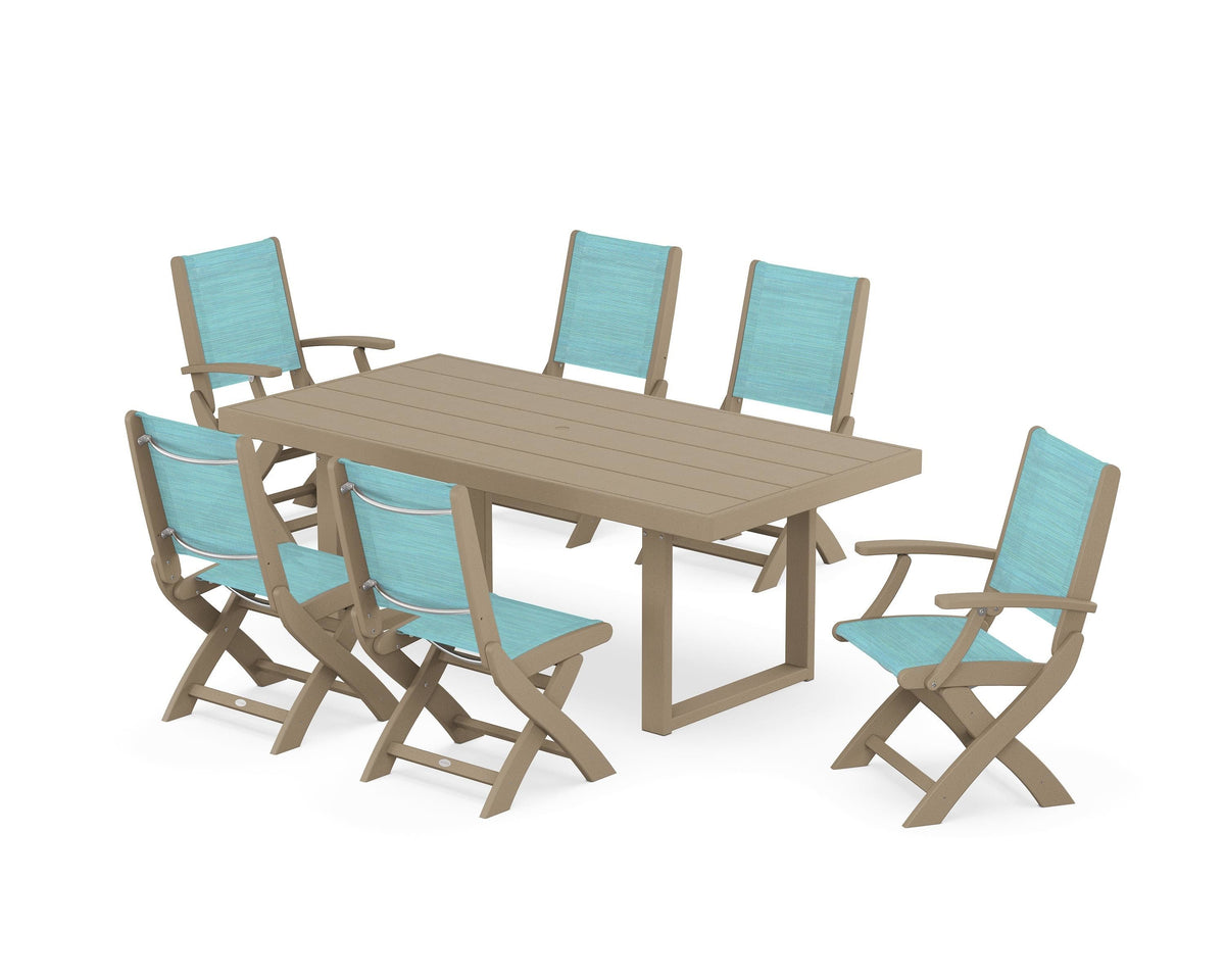 POLYWOOD Coastal Folding Chair 7-Piece Dining Set with Trestle Legs with EDGE 40" x 78" Dining Table in Vintage Sahara / Dupioni Aquamarine