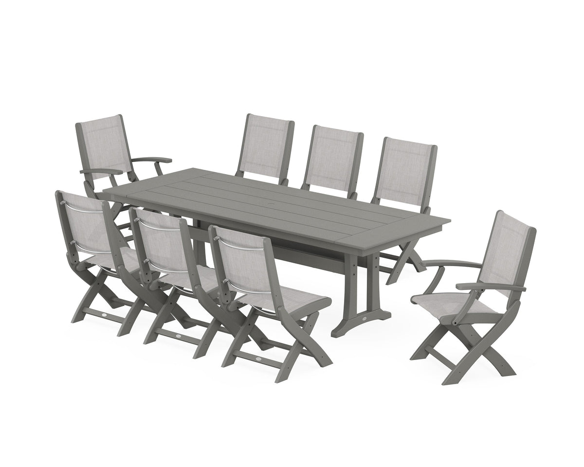 POLYWOOD Coastal 9-Piece Folding Dining Chair Farmhouse Dining Set with Trestle Legs in Slate Grey / Parchment