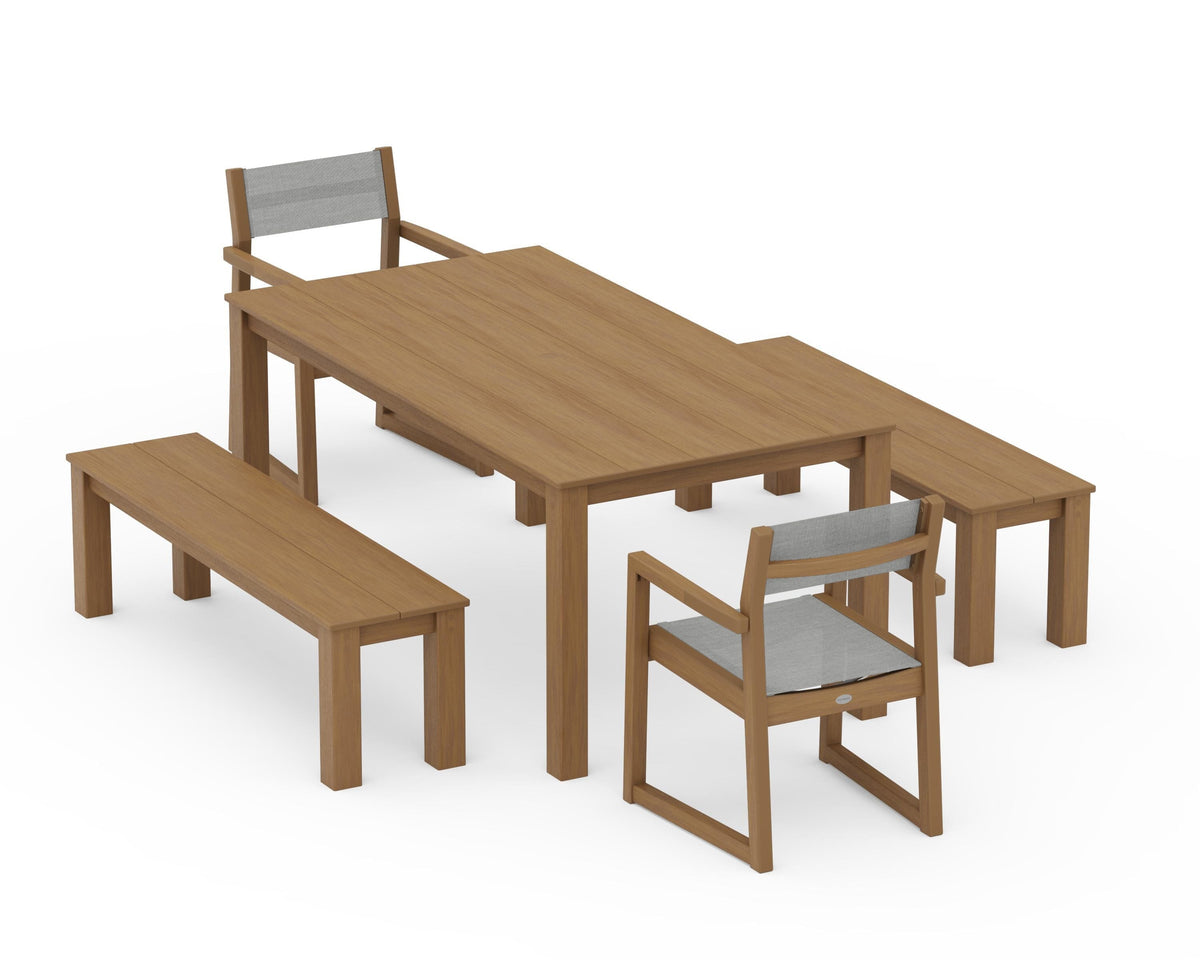 POLYWOOD EDGE Sling Arm Chair 5-Piece Parsons Dining Set with Benches in Natural / Metallic
