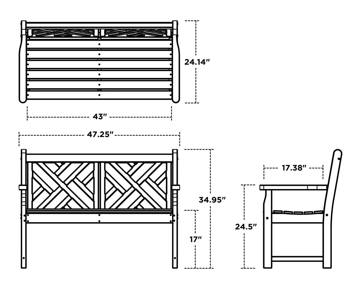 POLYWOOD Chippendale 48" Bench dimension drawing with width, depth and height measurements