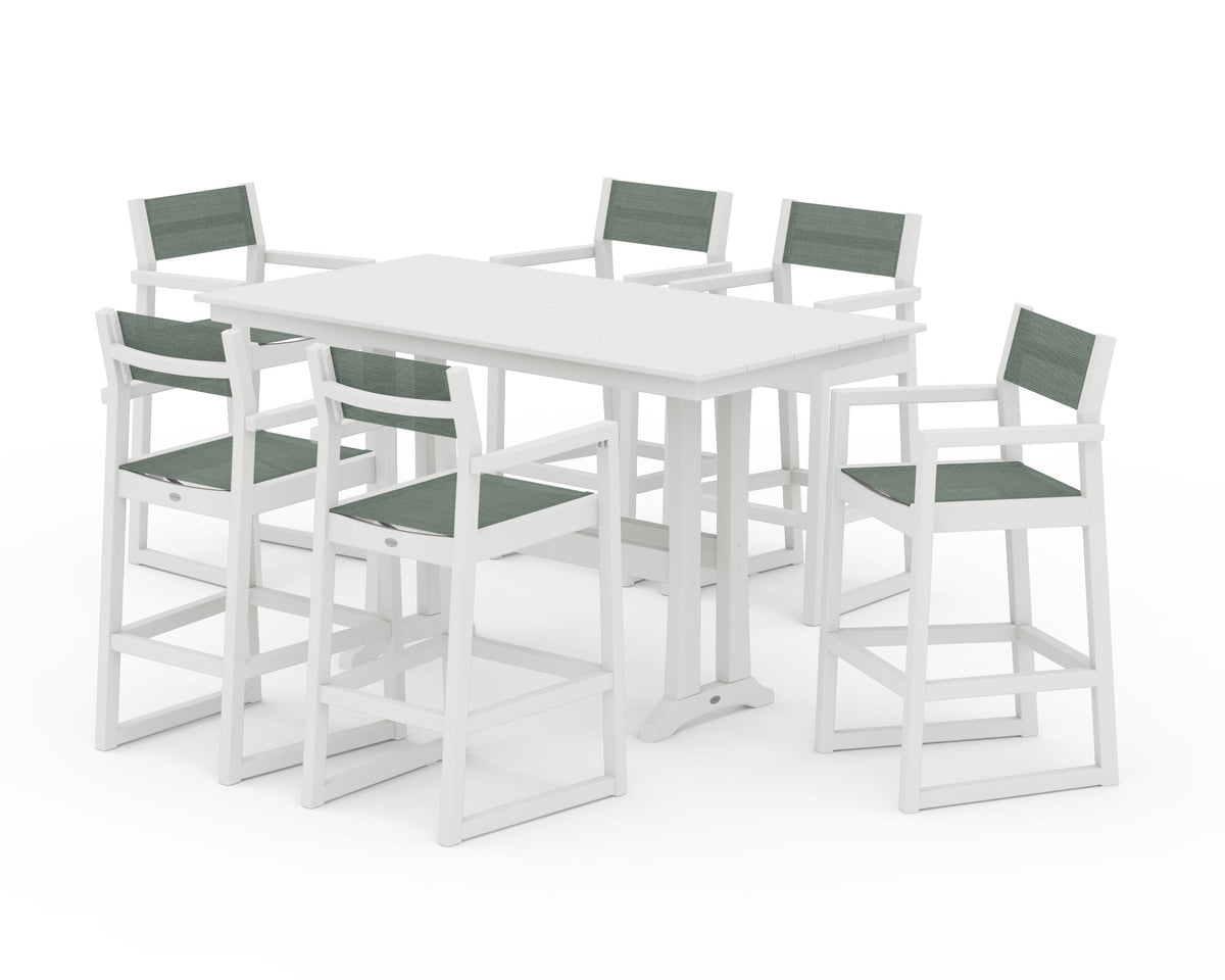 POLYWOOD EDGE Sling Arm Chair 7-Piece Farmhouse Bar Set with Trestle Legs in Vintage White / Dupioni Sea Mist