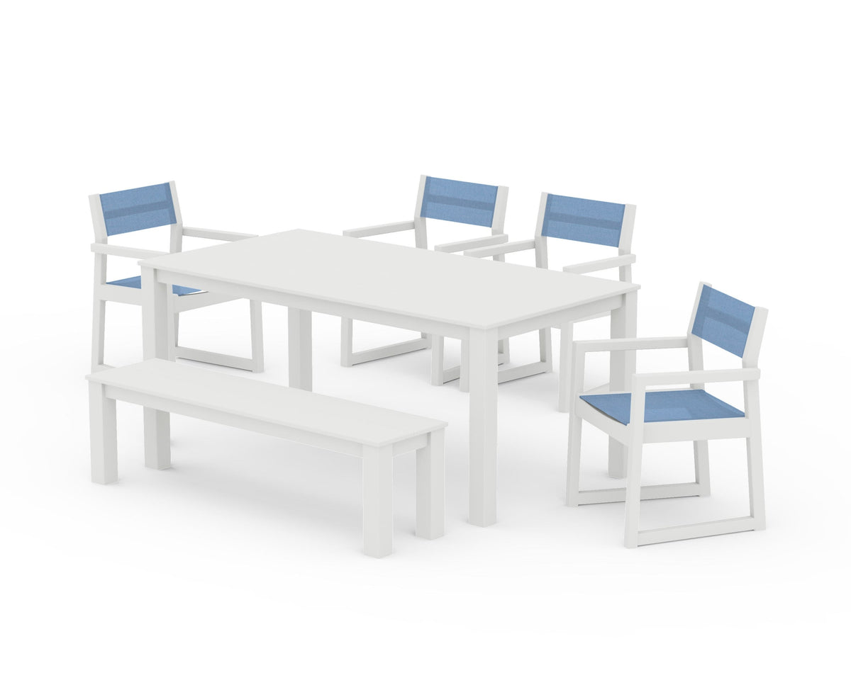 POLYWOOD EDGE Sling Arm Chair 6-Piece Parsons Dining Set with Bench in Vintage White / Poolside