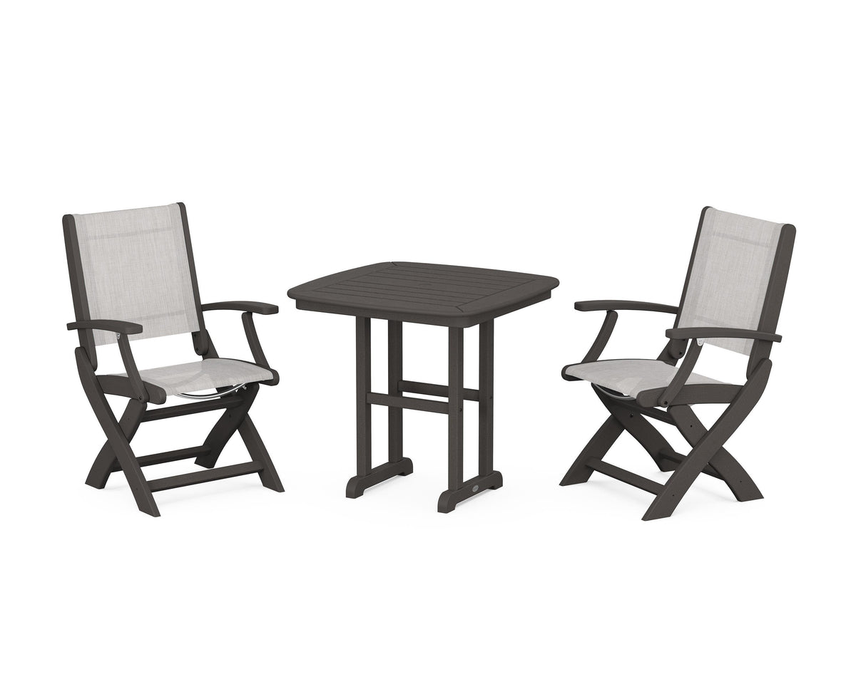 POLYWOOD Coastal Folding Chair 3-Piece Dining Set in Vintage Coffee / Parchment