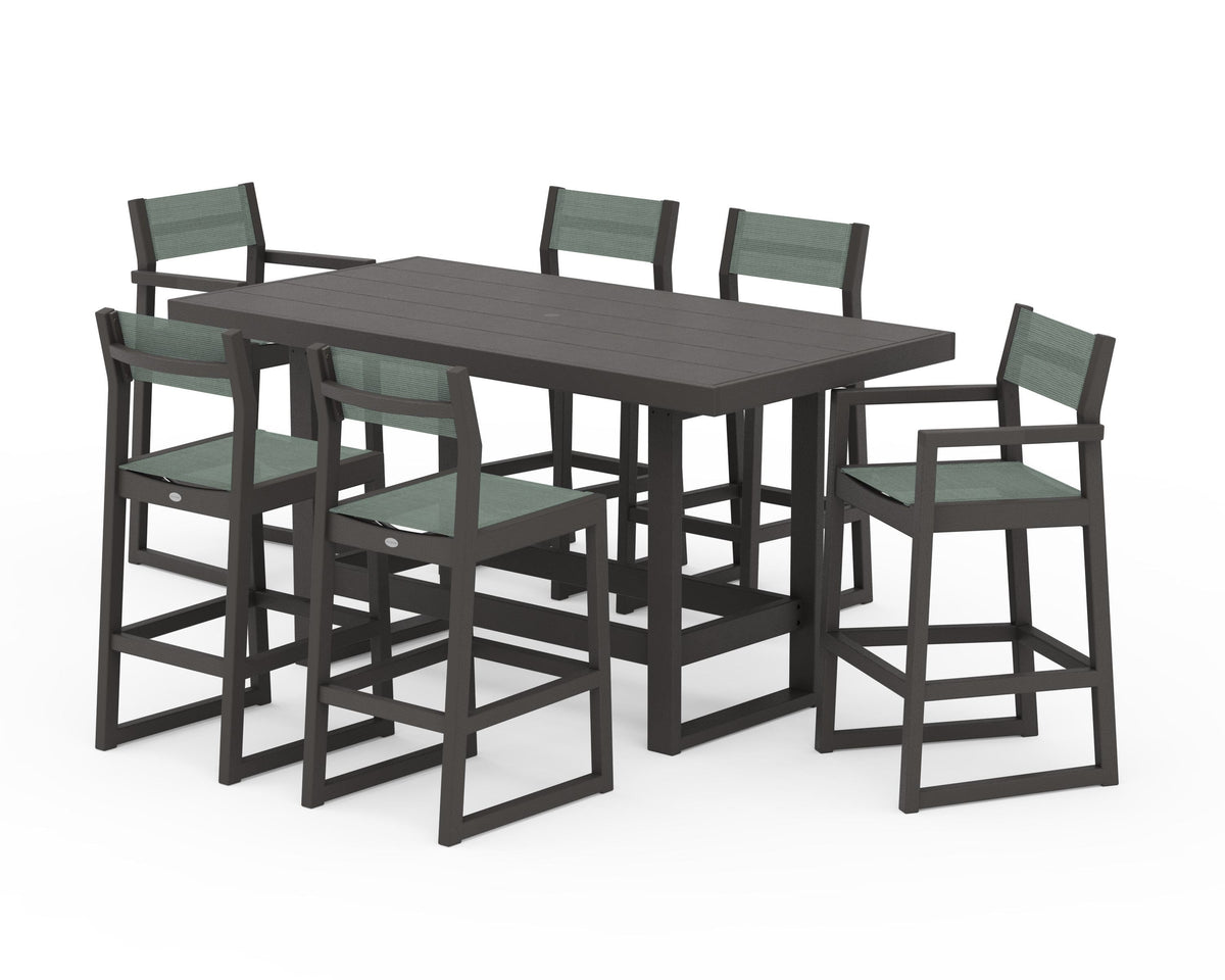 POLYWOOD EDGE Sling 7-Piece Bar Table Set in Vintage Coffee / Dupioni Sea Mist