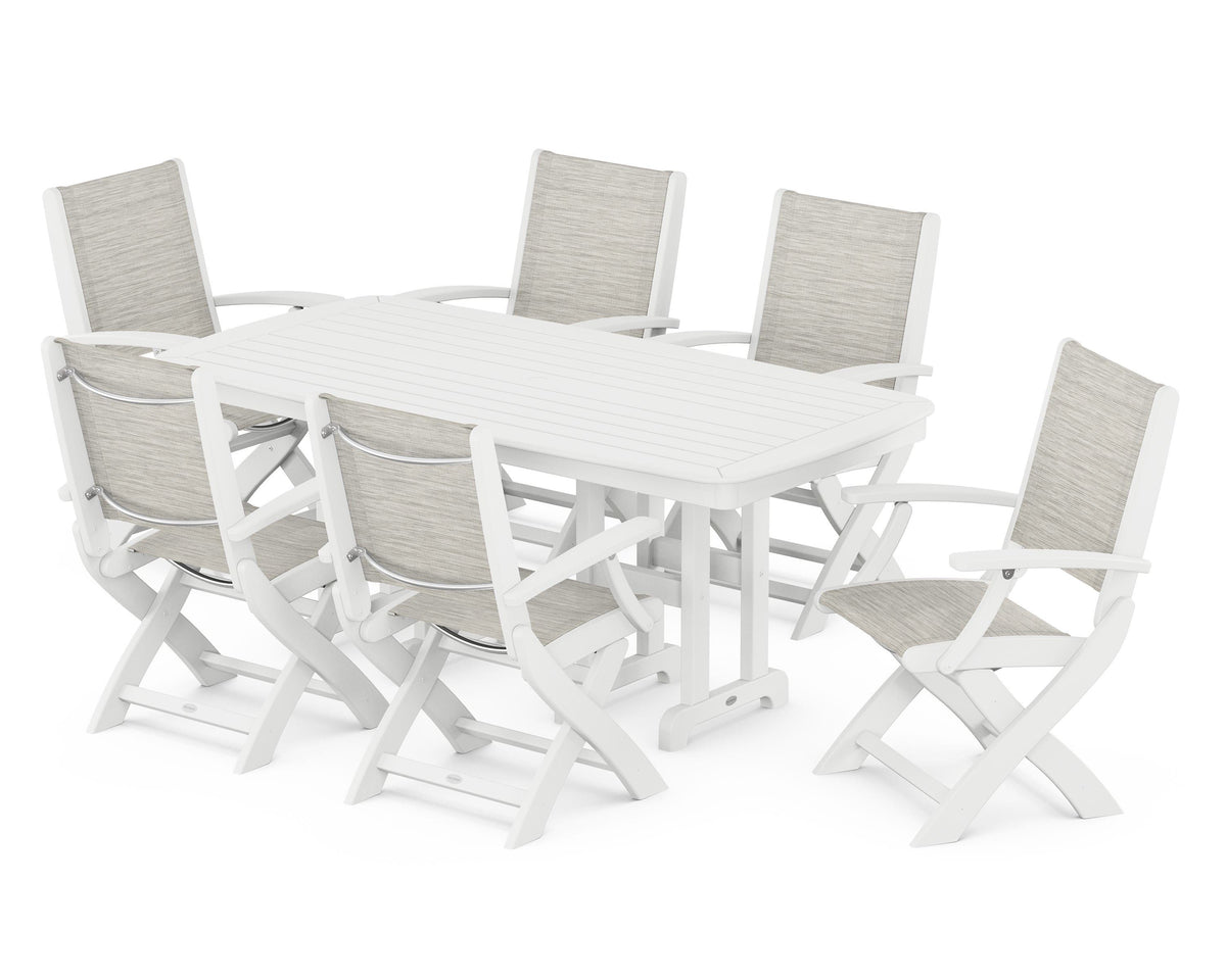 POLYWOOD Coastal Folding Arm Chair 7-Piece Dining Set in White / Birch