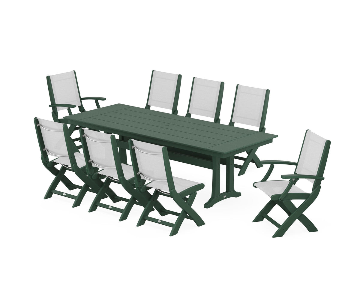 POLYWOOD Coastal 9-Piece Folding Dining Chair Farmhouse Dining Set with Trestle Legs in Green / White