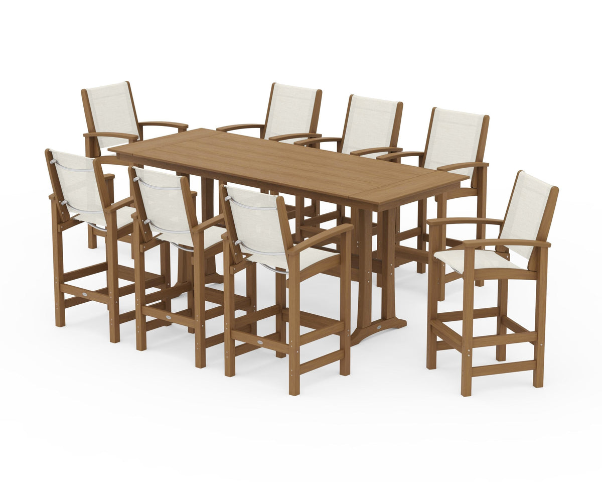 POLYWOOD Coastal 9-Piece Farmhouse Bar Set with Trestle Legs in Natural / Parchment