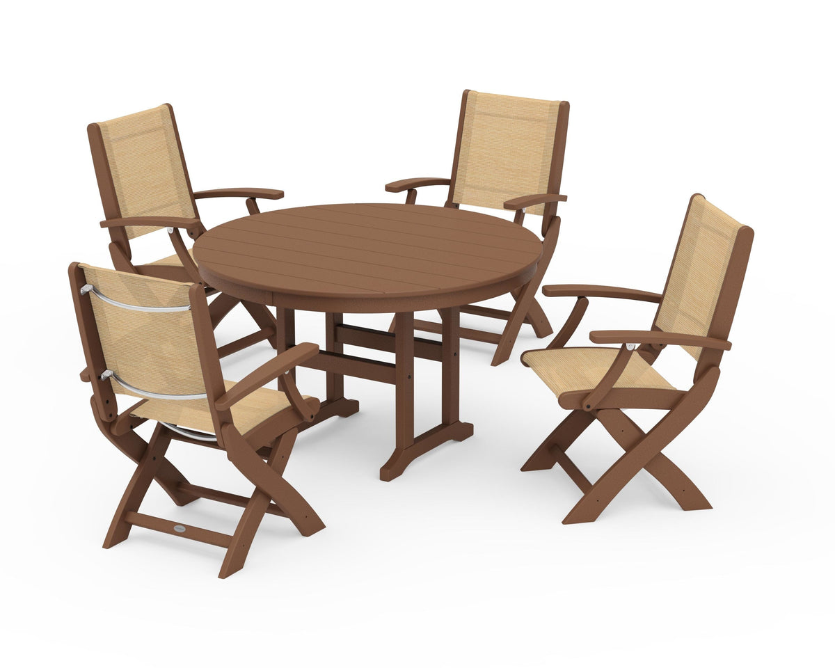 POLYWOOD Coastal Folding Chair 5-Piece Round Dining Set in Teak / Dupioni Apricot