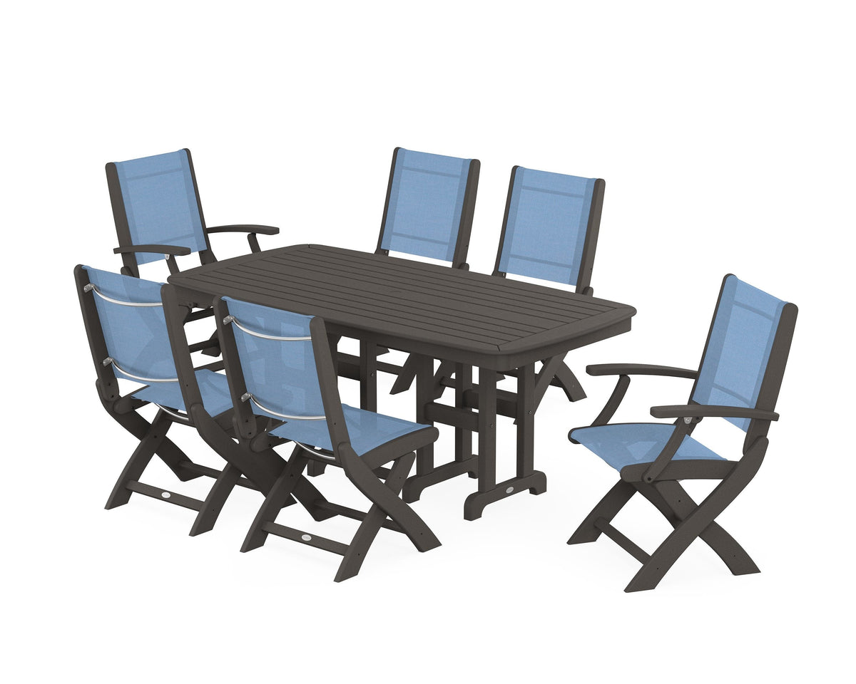 POLYWOOD Coastal Folding Chair 7-Piece Dining Set in Vintage Coffee / Poolside