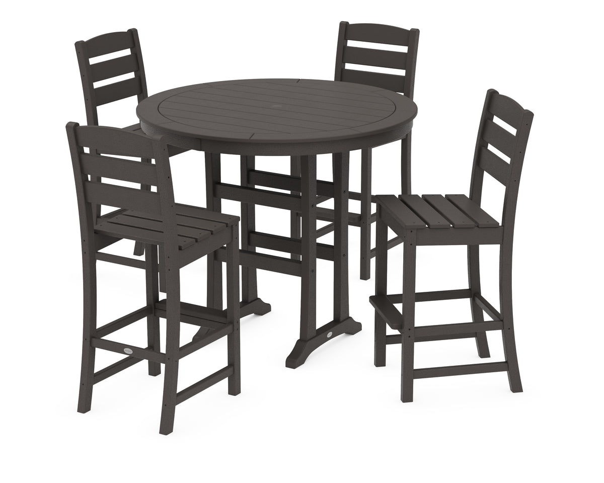 POLYWOOD Lakeside 5-Piece Round Farmhouse Side Chair Bar Set in Vintage Coffee