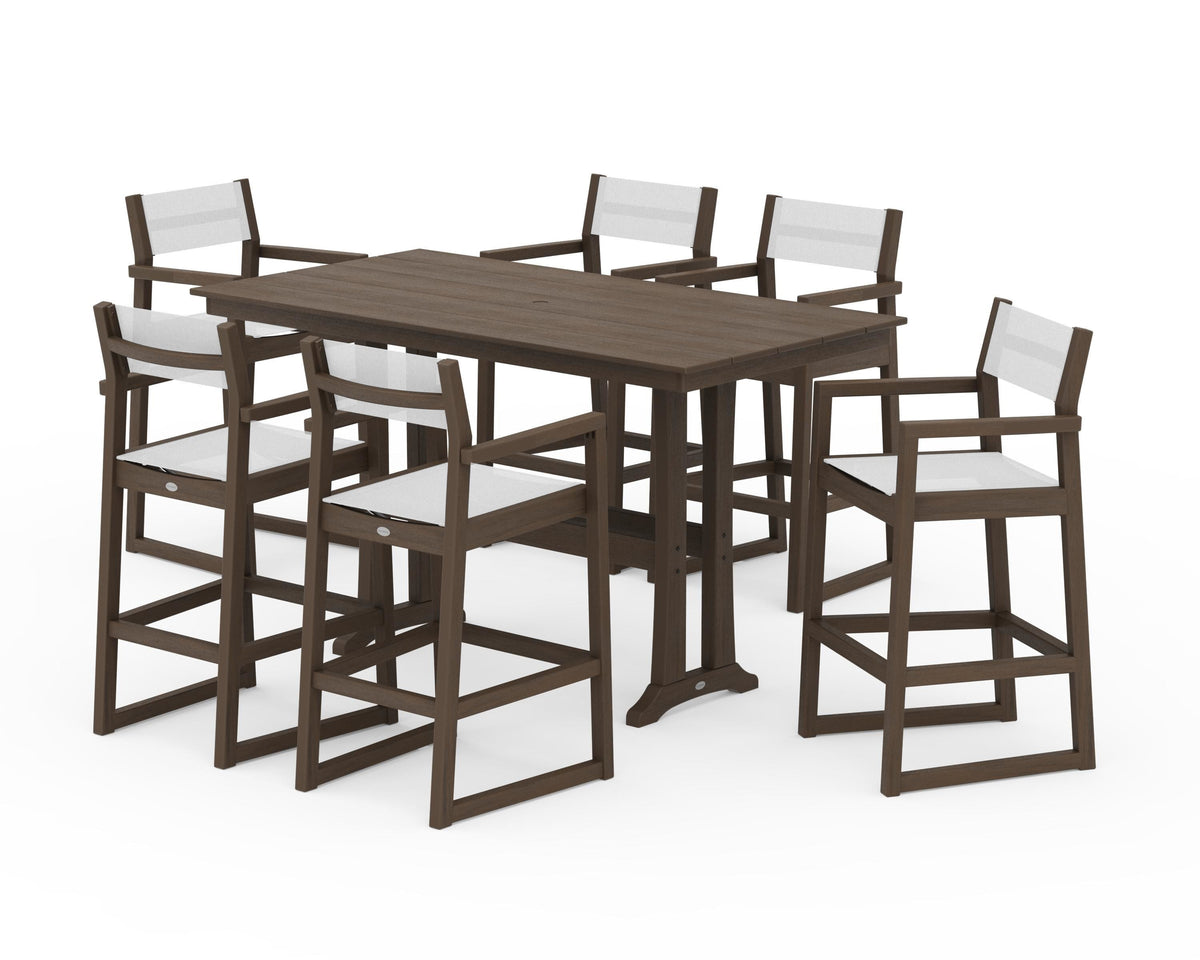 POLYWOOD EDGE Sling Arm Chair 7-Piece Farmhouse Bar Set with Trestle Legs in Kona / White