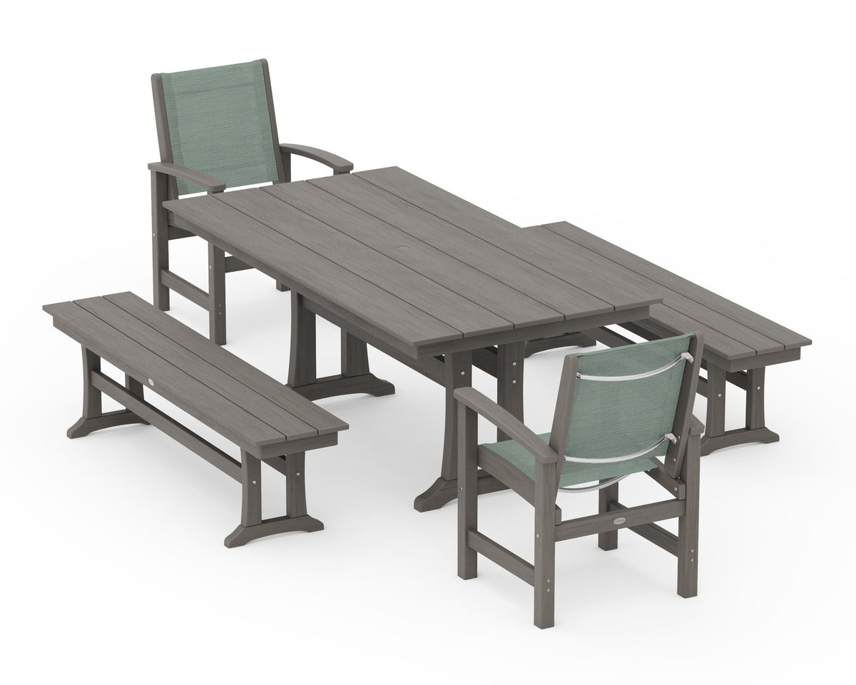 POLYWOOD Coastal 5-Piece Farmhouse Dining Set with Trestle Legs and Benches in Driftwood / Dupioni Sea Mist