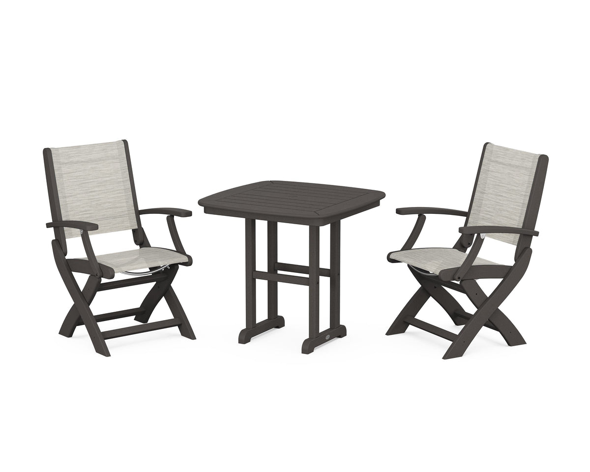 POLYWOOD Coastal Folding Chair 3-Piece Dining Set in Vintage Coffee / Birch