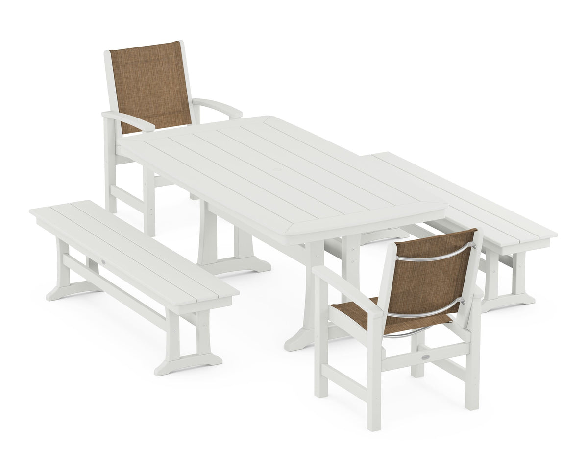 POLYWOOD Coastal 5-Piece Dining Set with Trestle Legs and Benches in Vintage White / Burlap