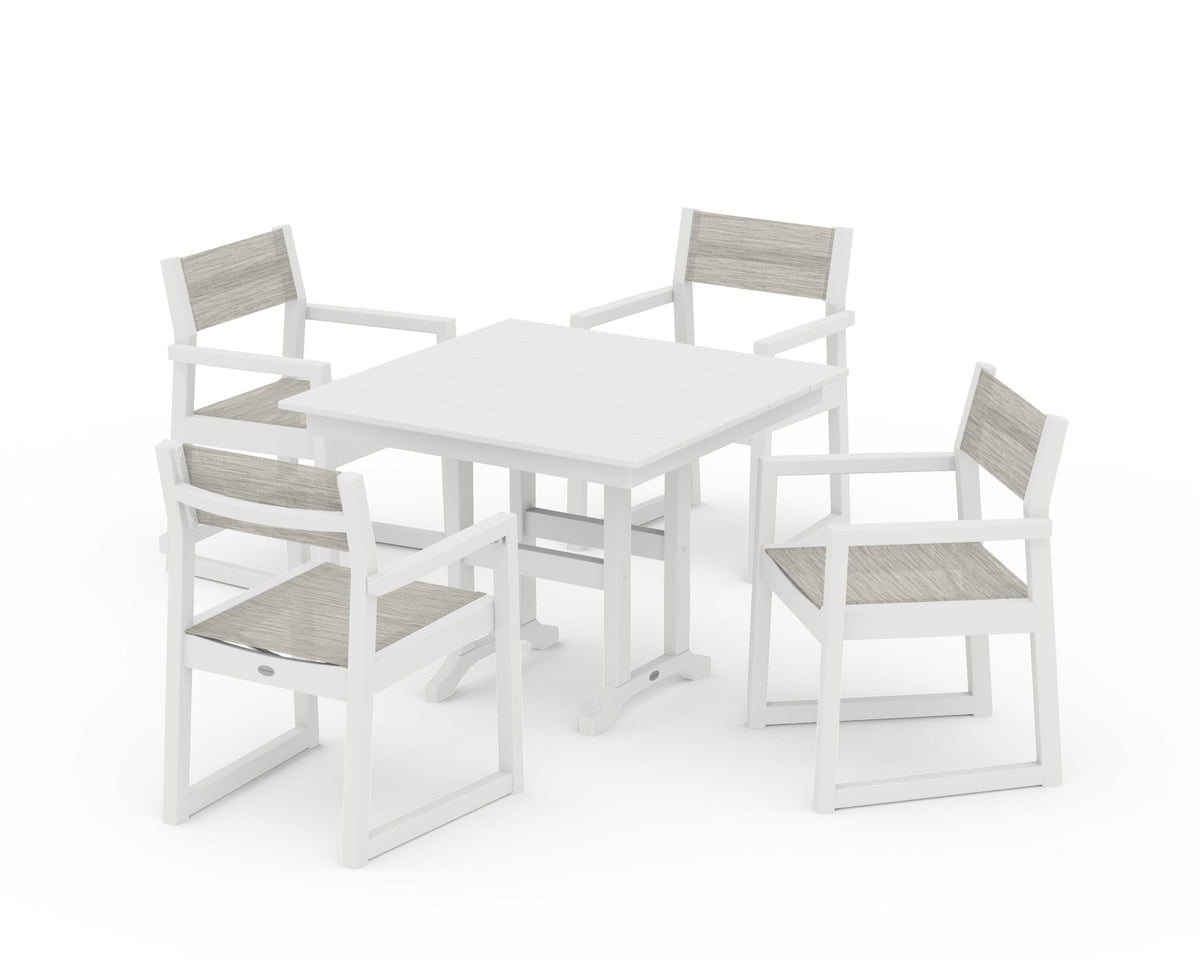 POLYWOOD EDGE Sling Arm Chair 5-Piece Farmhouse Dining Set in White / Birch