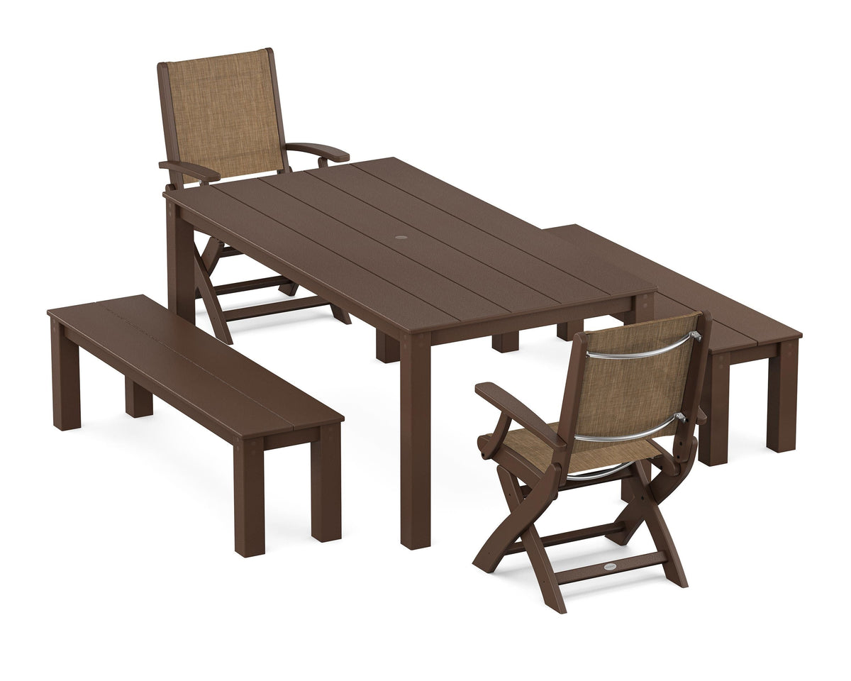 POLYWOOD Coastal Folding Chair 5-Piece Parsons Dining Set with Benches in Mahogany / Burlap