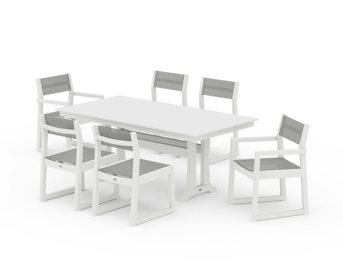 POLYWOOD EDGE Sling 7-Piece Farmhouse Trestle Dining Set in White / Metallic