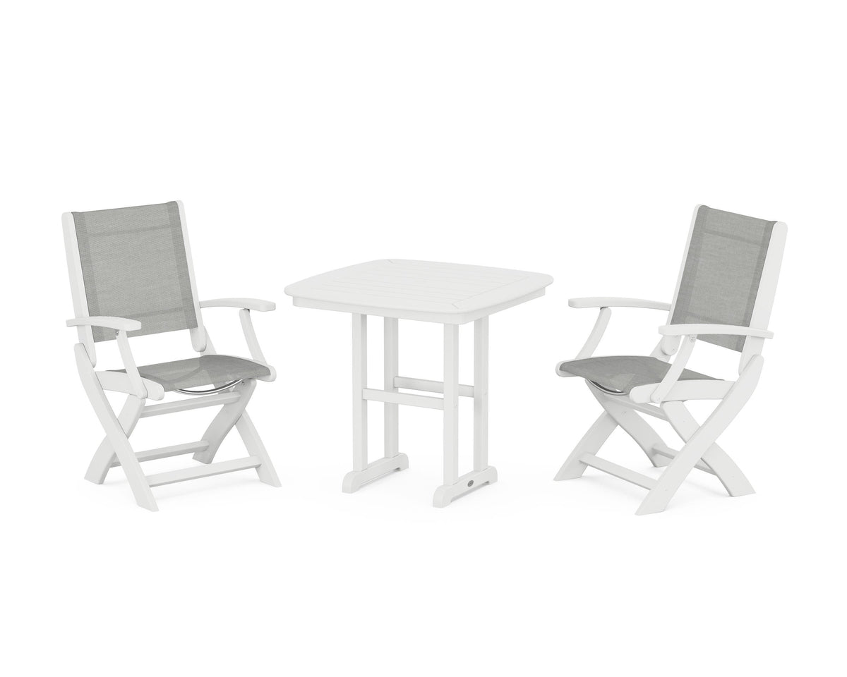 POLYWOOD Coastal Folding Chair 3-Piece Dining Set in White / Metallic