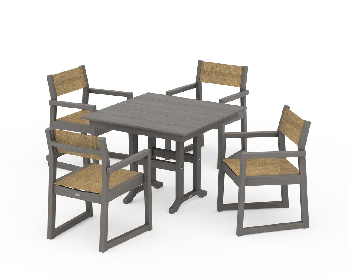 POLYWOOD EDGE Sling Arm Chair 5-Piece Farmhouse Dining Set in Driftwood / Burlap