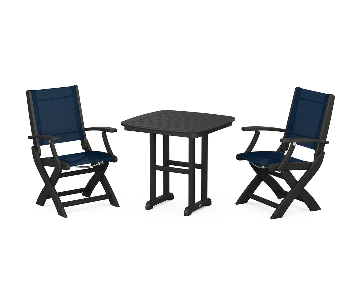 POLYWOOD Coastal Folding Chair 3-Piece Dining Set in Black / Navy Blue