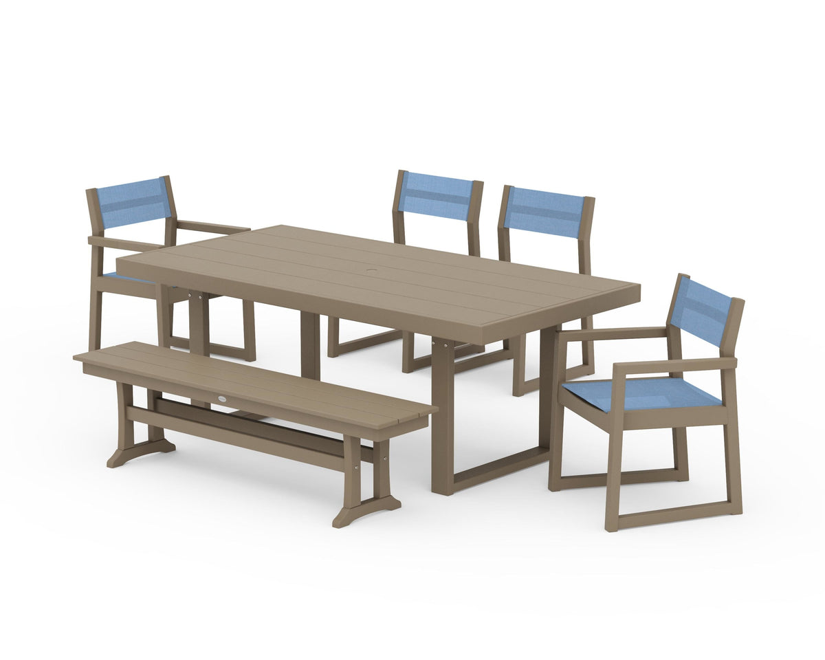 POLYWOOD EDGE Sling 6-Piece Dining Set with Bench in Vintage Sahara / Poolside