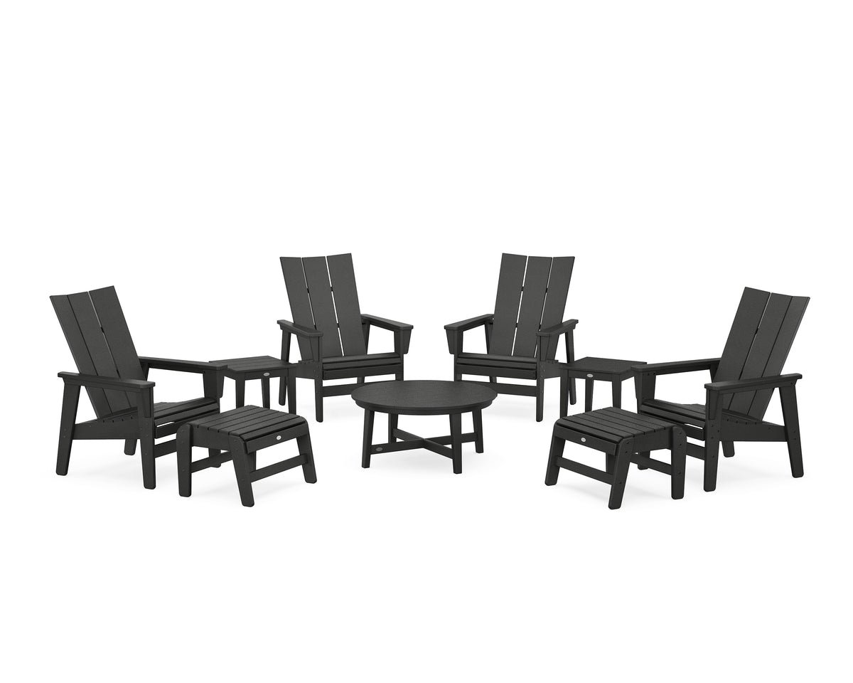 POLYWOOD Modern Grand Upright Adirondack 9-Piece Conversation Set in Black