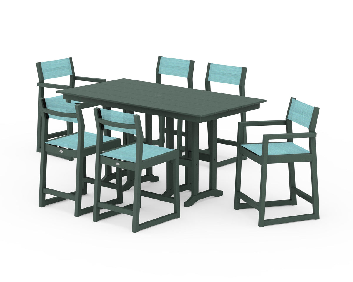 POLYWOOD EDGE Sling 7-Piece Farmhouse Counter Set with Trestle Legs in Green / Dupioni Aquamarine