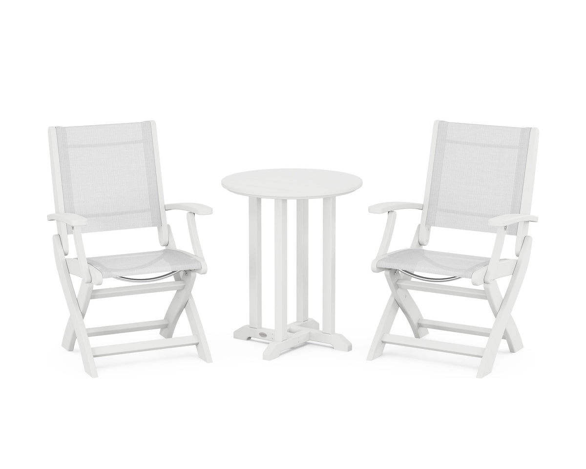 POLYWOOD Coastal Folding 3-Piece Round Bistro Dining Set in White / White