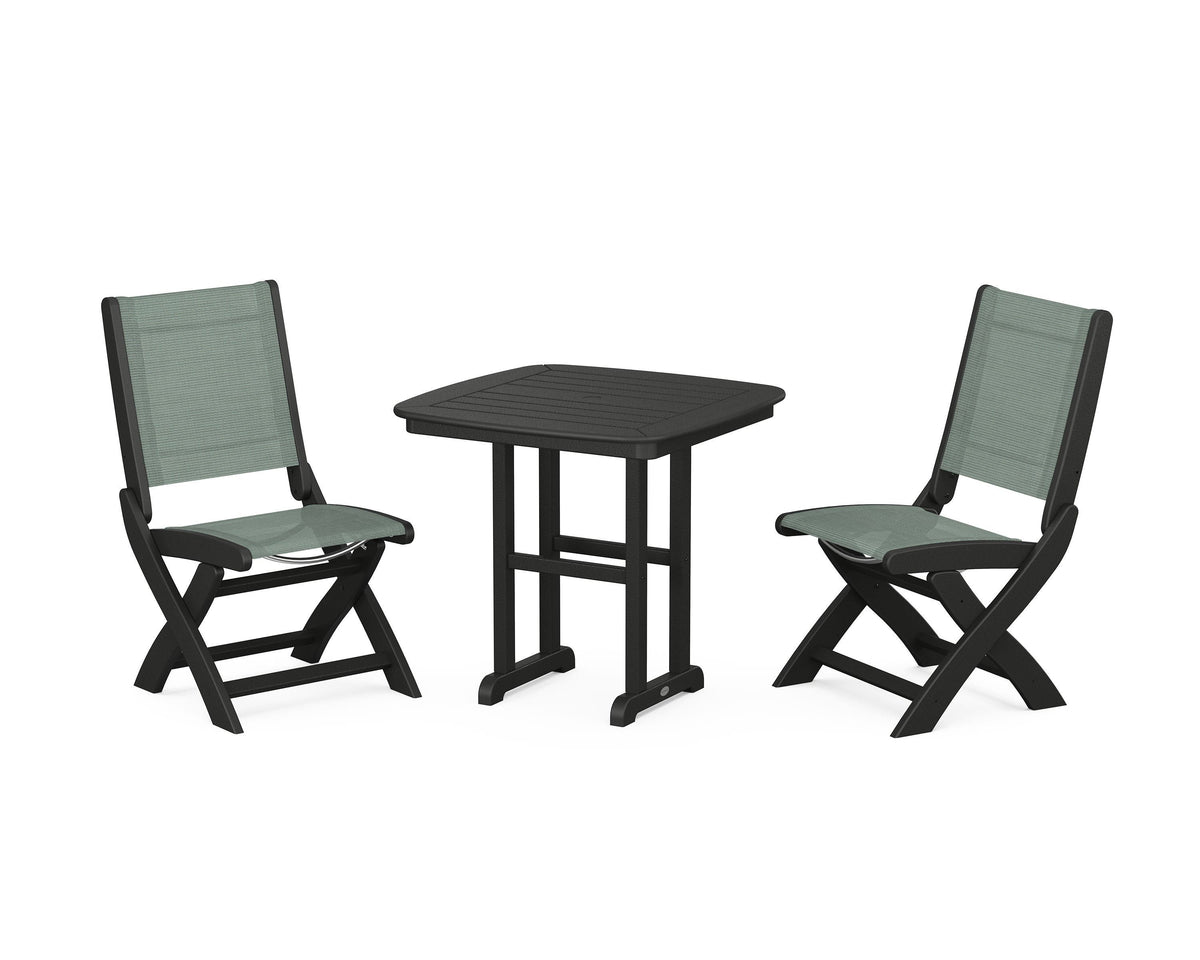 POLYWOOD Coastal Folding Side Chair 3-Piece Dining Set in Black / Dupioni Sea Mist