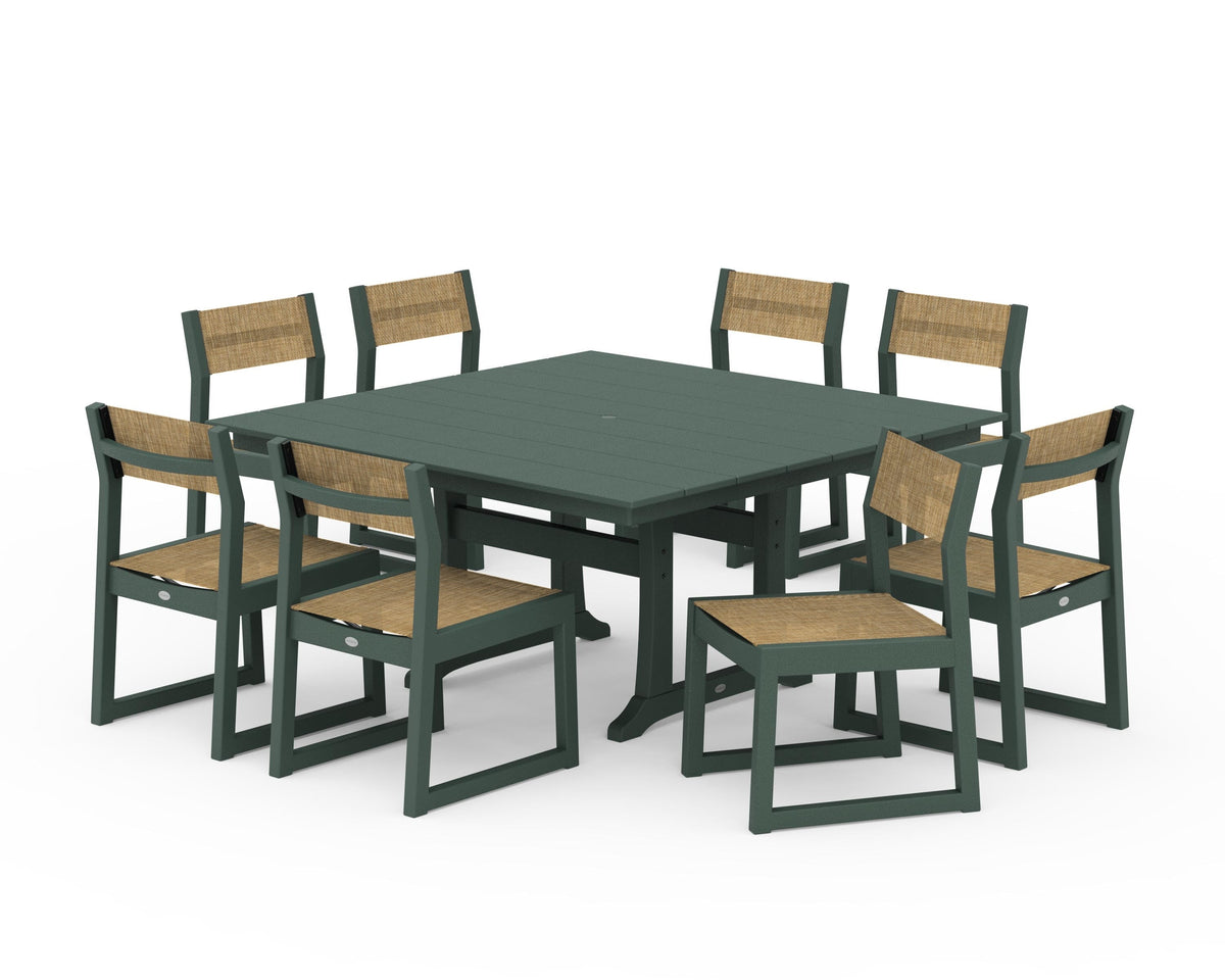 POLYWOOD EDGE Sling Side Chair 9-Piece Farmhouse Trestle Dining Set in Green / Burlap