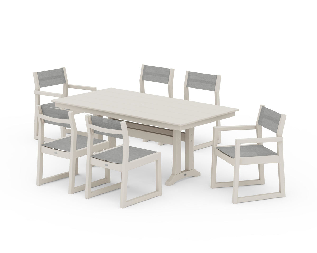 POLYWOOD EDGE Sling 7-Piece Farmhouse Trestle Dining Set in Sand / Metallic