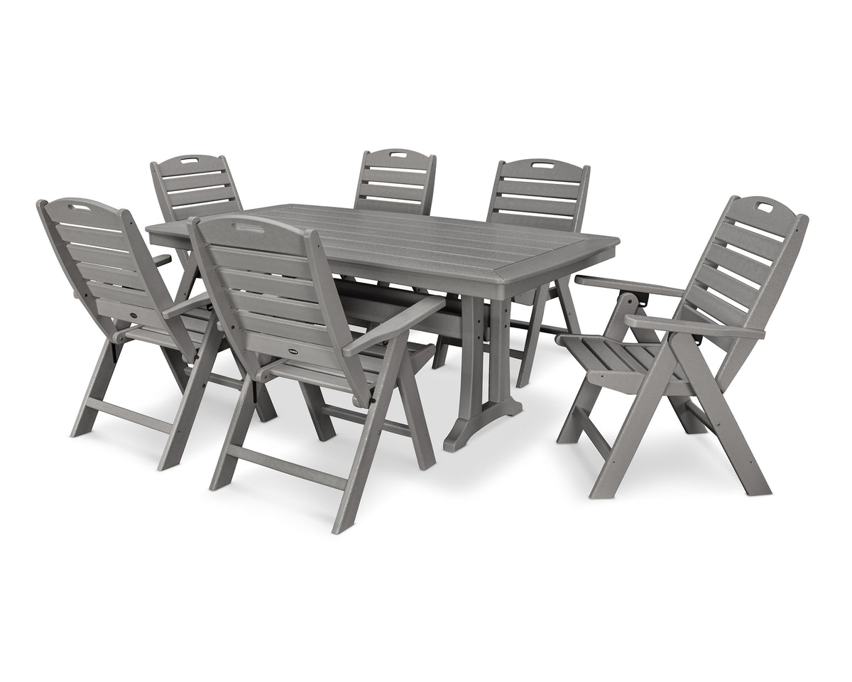 POLYWOOD Nautical Folding Highback Chair 7-Piece Dining Set with Trestle Legs in Slate Grey