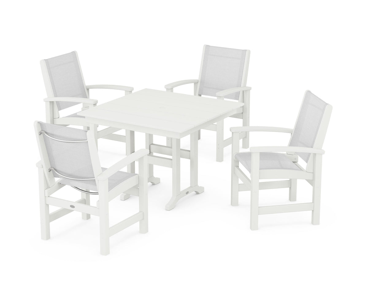 POLYWOOD Coastal 5-Piece Farmhouse Dining Set with Farmhouse 37" Dining Table in Vintage White / White