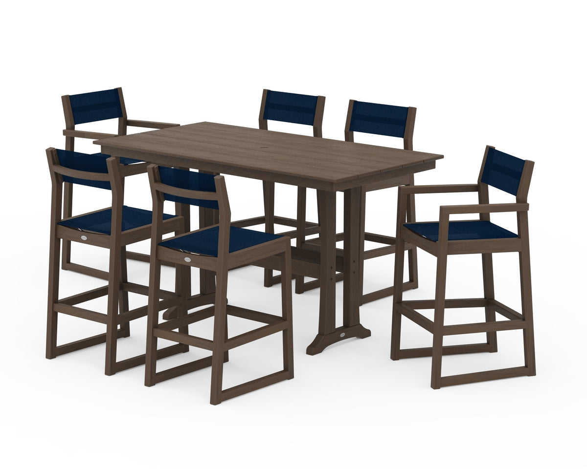 POLYWOOD EDGE Sling 7-Piece Farmhouse Bar Set with Trestle Legs in Kona / Navy Blue