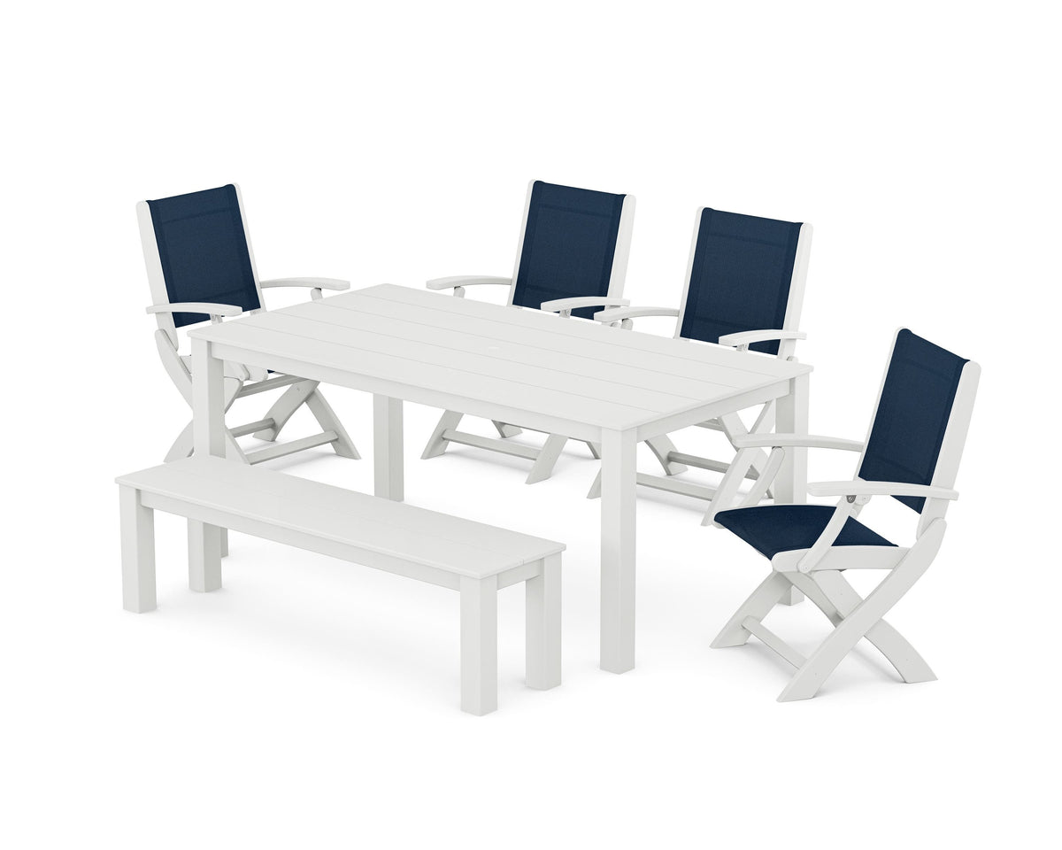 POLYWOOD Coastal Folding Chair 6-Piece Parsons Dining Set with Bench in White / Navy Blue