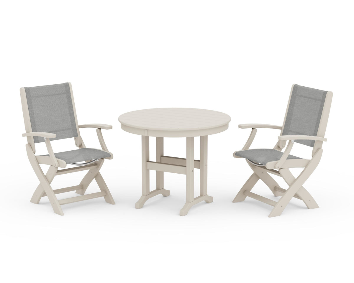 POLYWOOD Coastal Folding Chair 3-Piece Round Dining Set in Sand / Metallic