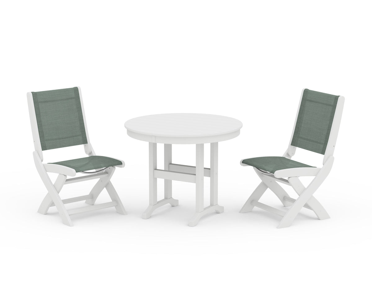 POLYWOOD Coastal Folding Side Chair 3-Piece Round Dining Set in White / Dupioni Sea Mist