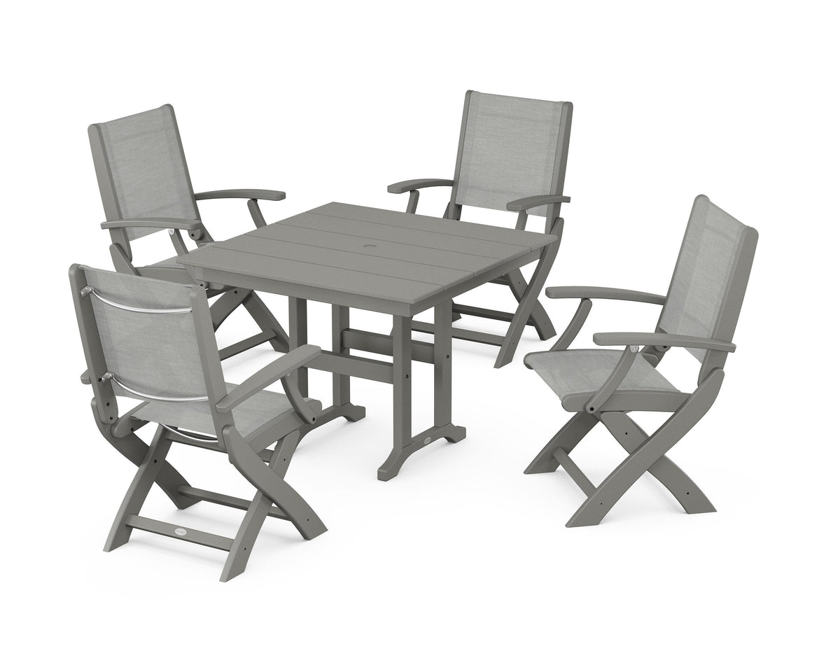 POLYWOOD Coastal Folding Chair 5-Piece Farmhouse Dining Set in Slate Grey / Metallic