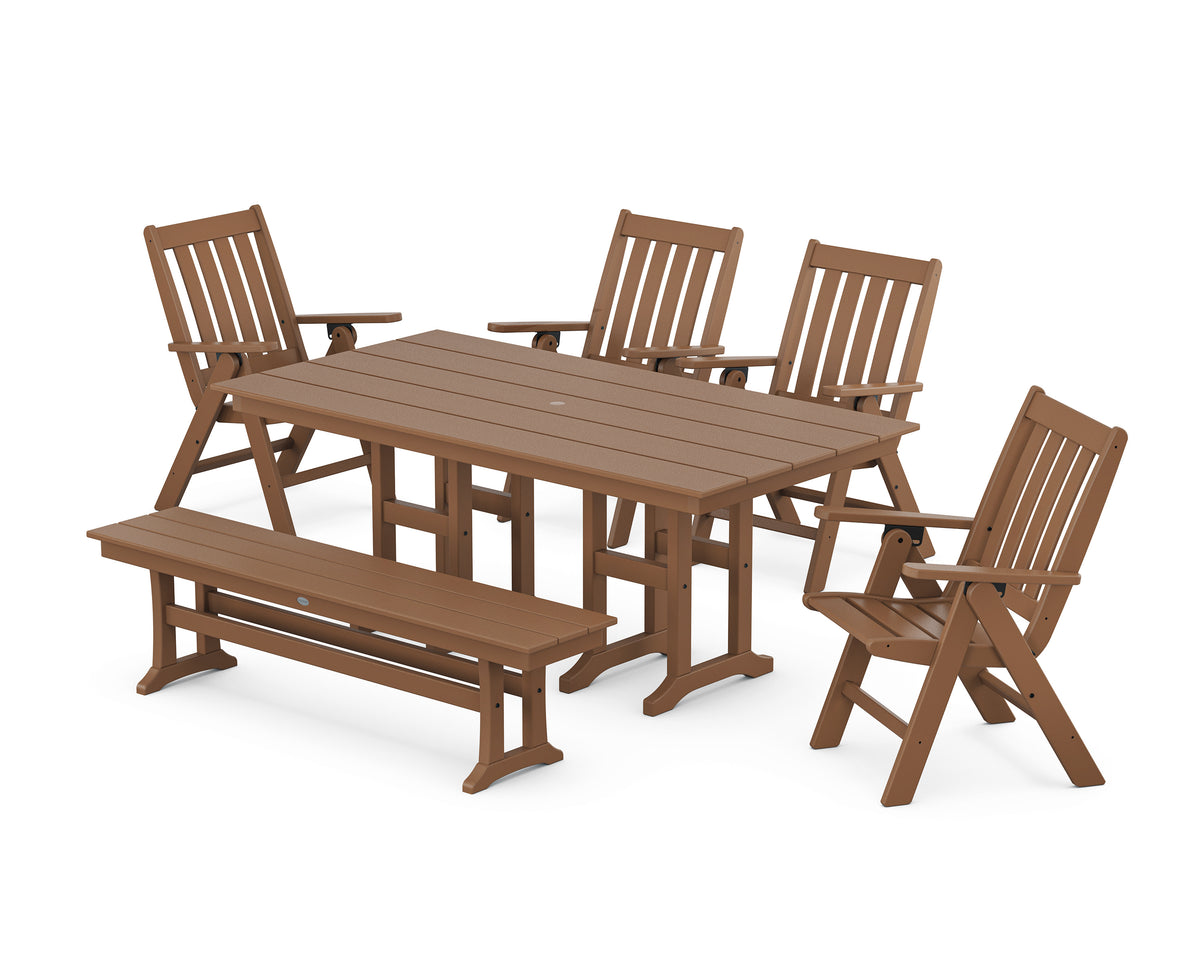 POLYWOOD Vineyard Folding Chair 6-Piece Farmhouse Dining Set with Bench in Teak