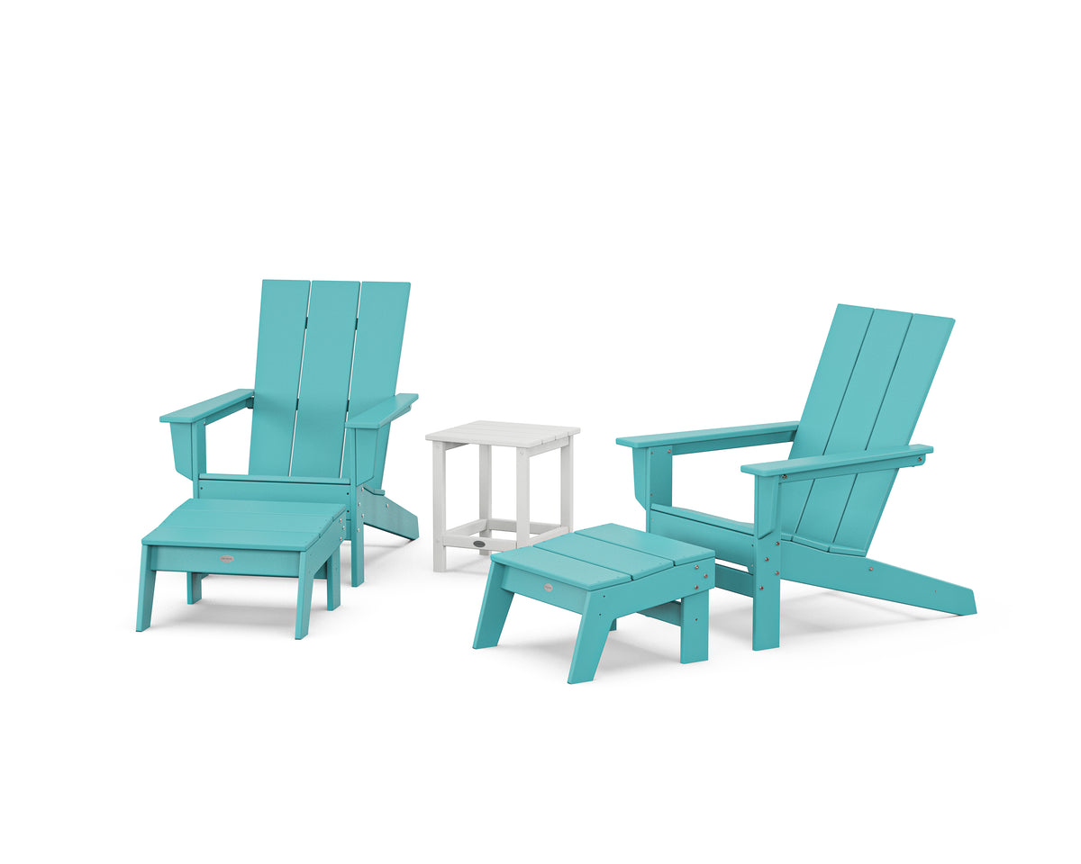 POLYWOOD 5-Piece Modern Studio Adirondack Set with Ottomans and Side Table in Aruba / White