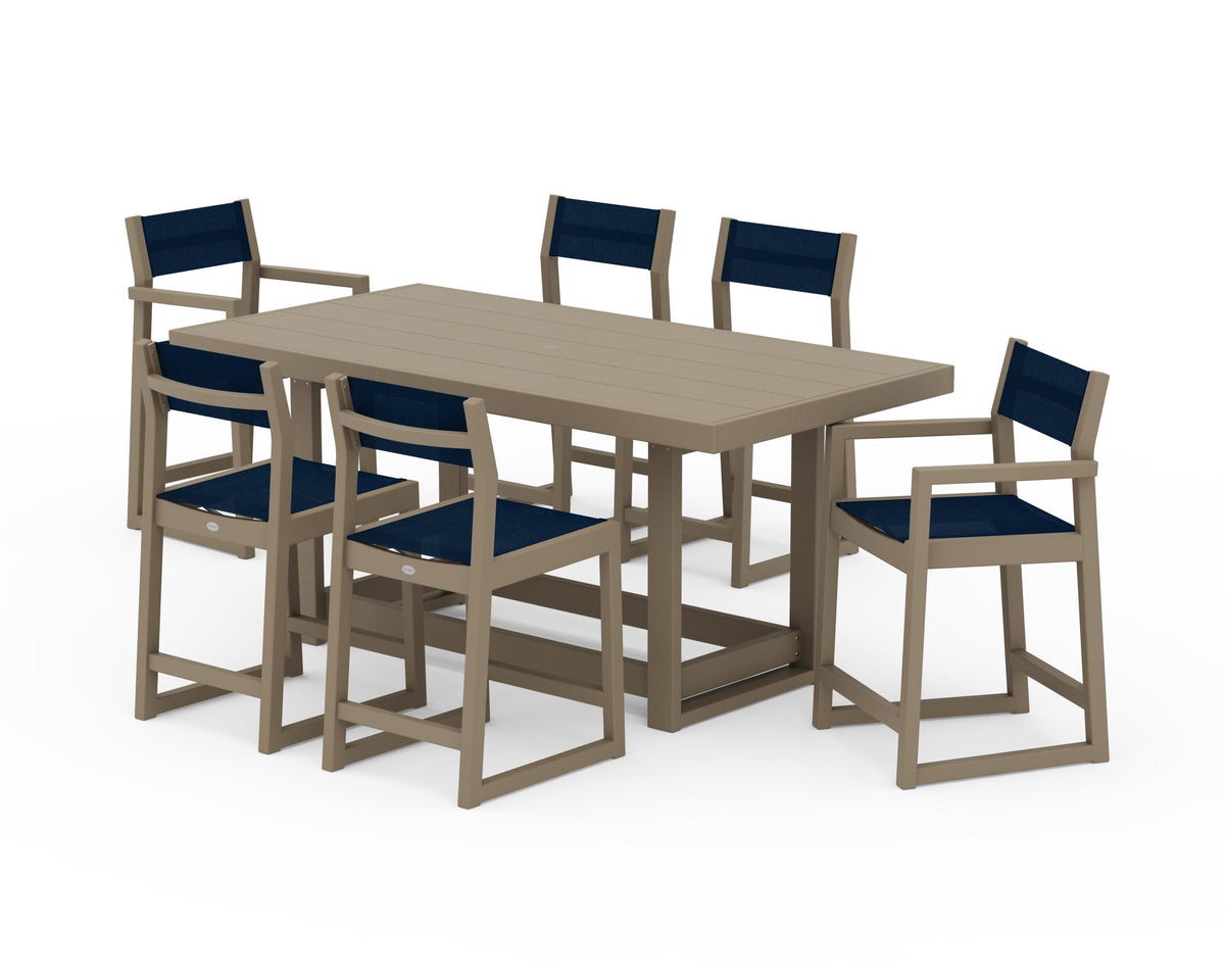 POLYWOOD EDGE Sling 7-Piece Counter Table Set in Vintage Sahara / Navy Blue