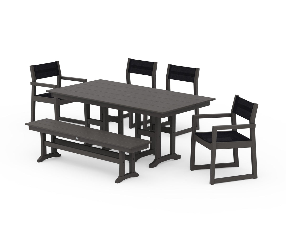 POLYWOOD EDGE Sling 6-Piece Farmhouse Dining Set in Vintage Coffee / Black