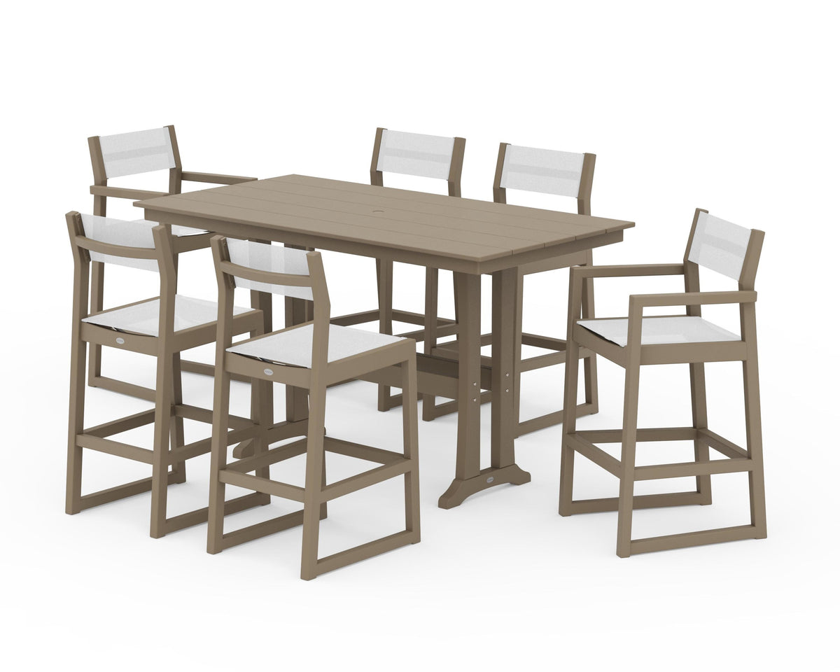 POLYWOOD EDGE Sling 7-Piece Farmhouse Bar Set with Trestle Legs in Vintage Sahara / White