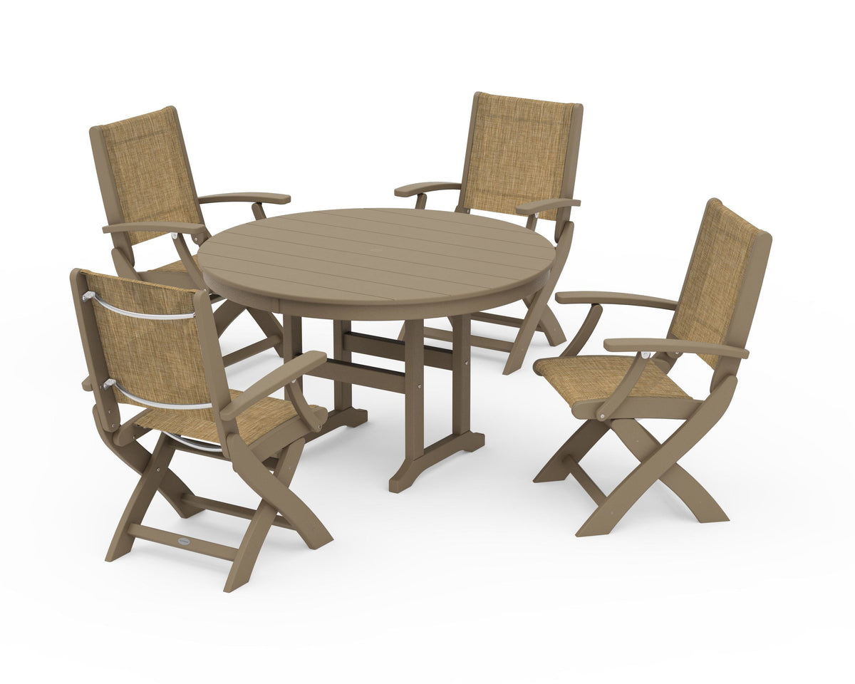 POLYWOOD Coastal Folding Chair 5-Piece Round Dining Set in Vintage Sahara / Burlap