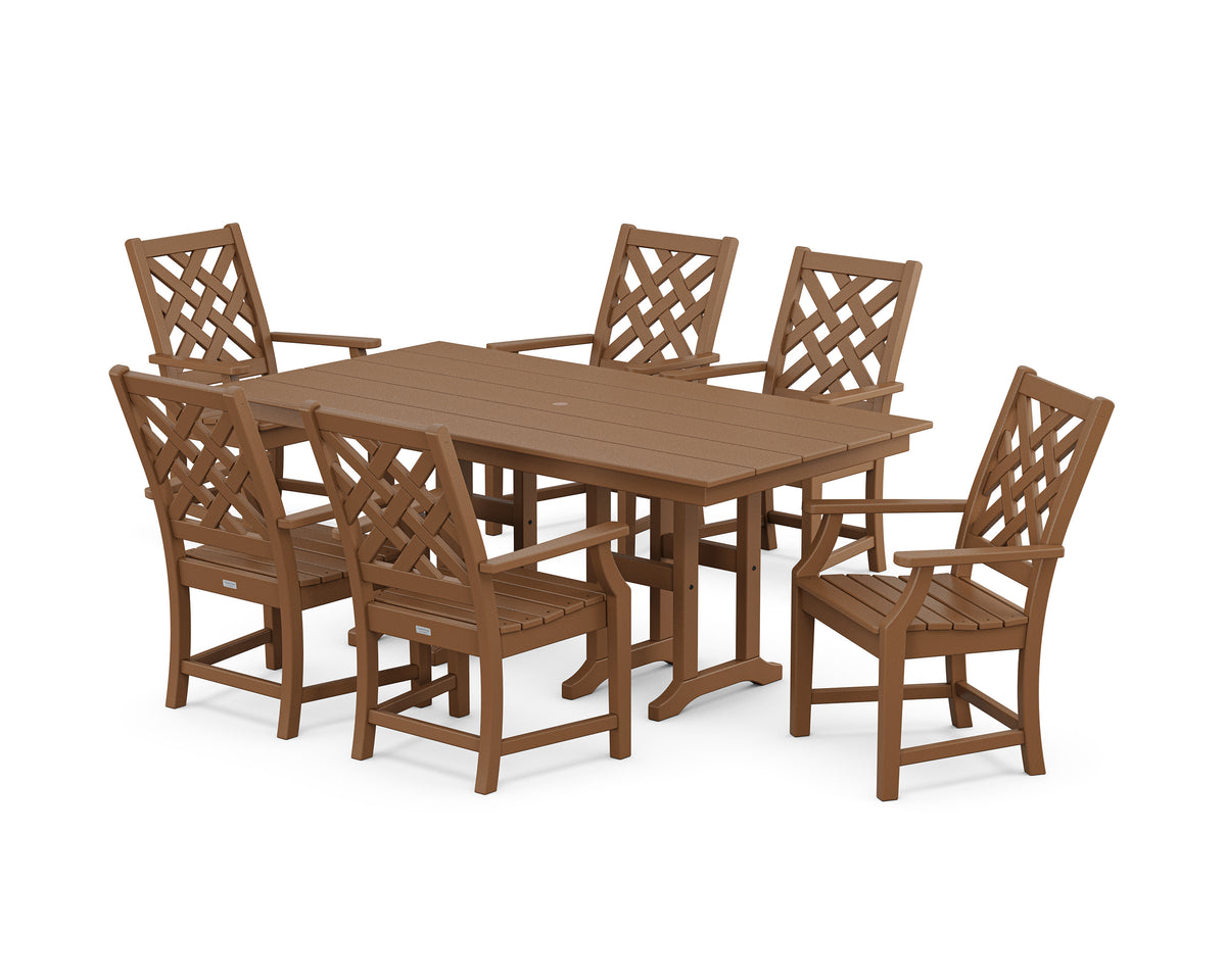 POLYWOOD Wovendale Arm Chair 7-Piece Farmhouse Dining Set in Teak