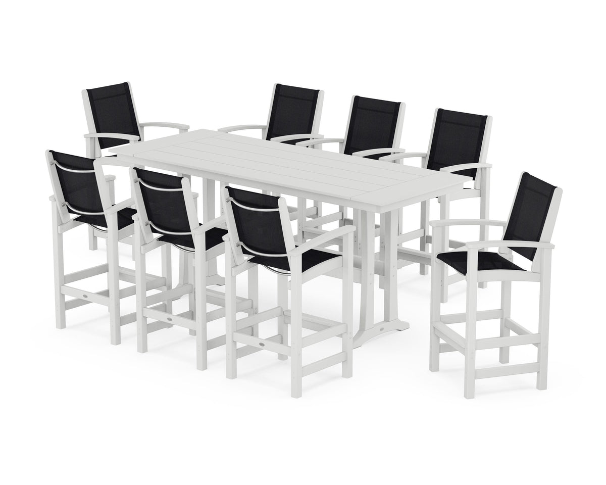 POLYWOOD Coastal 9-Piece Farmhouse Bar Set with Trestle Legs in White / Black