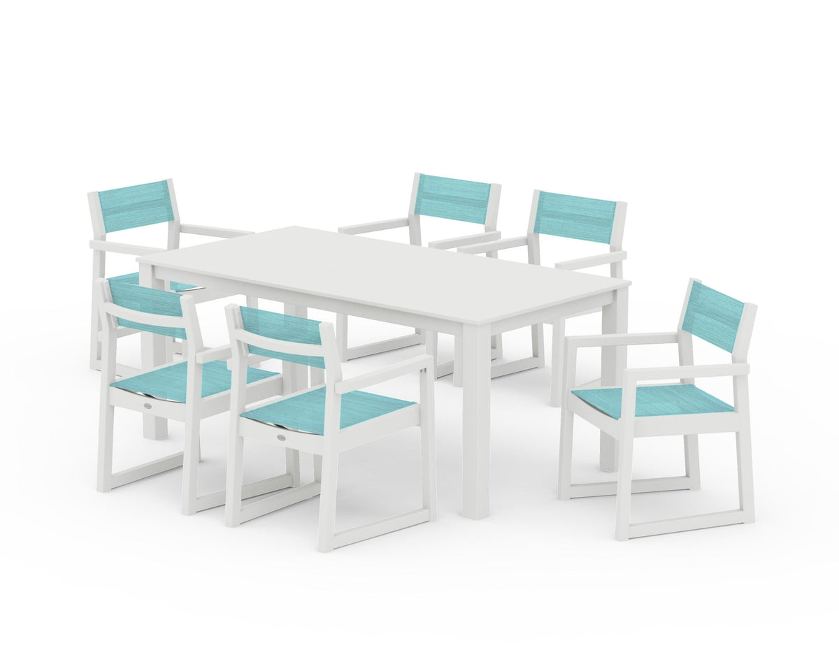 POLYWOOD EDGE Sling Arm Chair 7-Piece Parsons Dining Set in Vintage White / Dupioni Aquamarine
